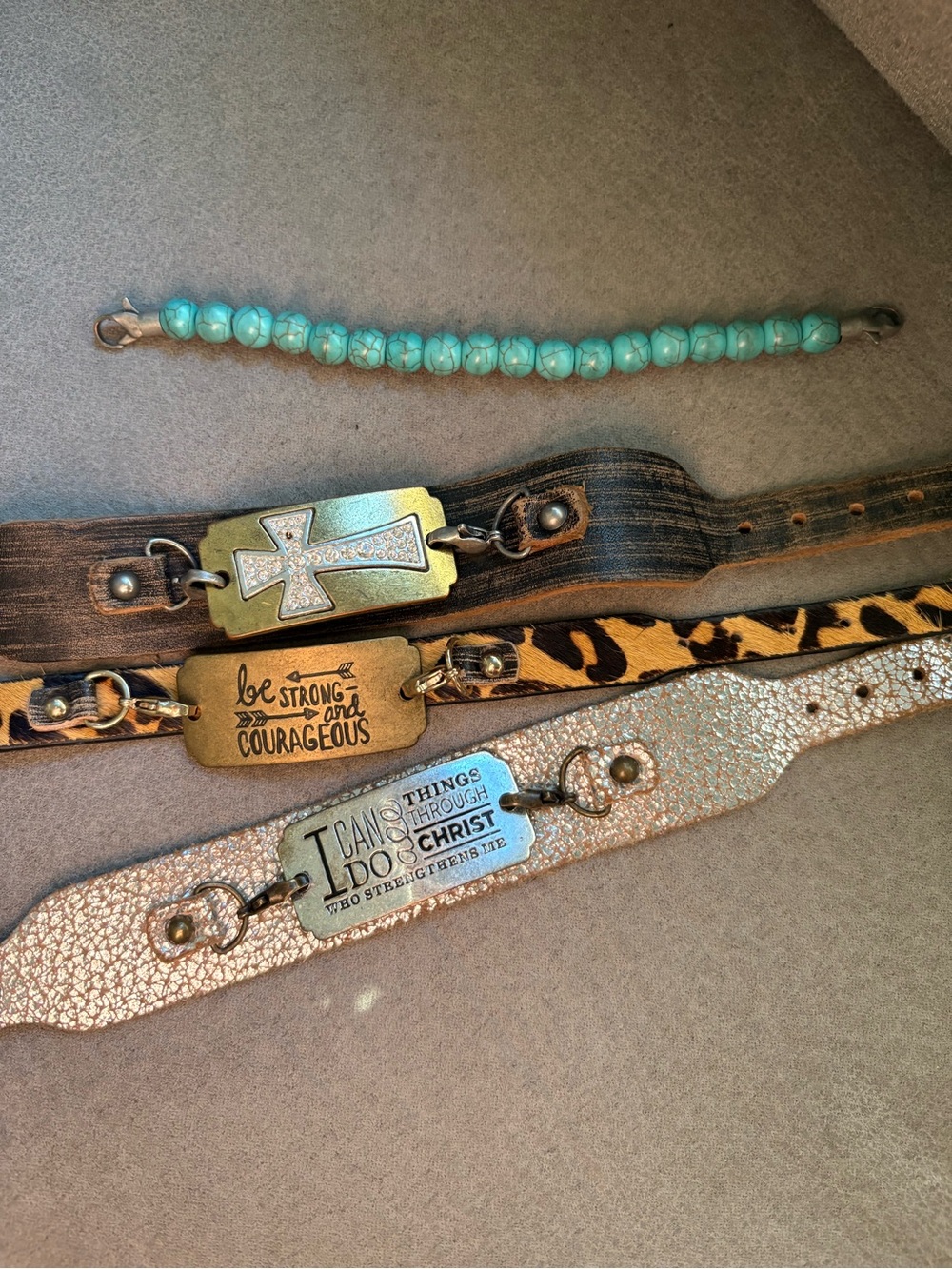 Inspirational Cross & Phrase Bracelet Set - Turquoise, Gold, Leopard, Rose Gold